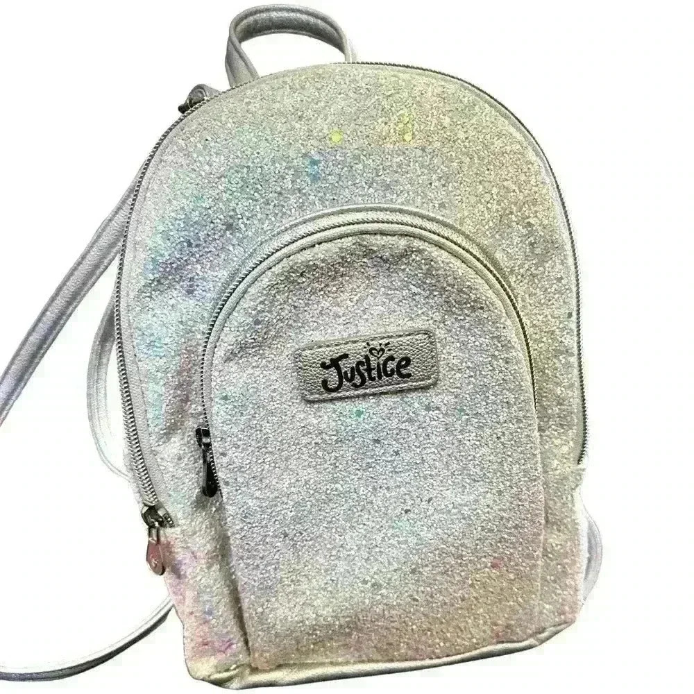 Justice Sparkly Mini Backpack – Silver Glitter, 8”x10”